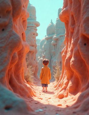 The primary subject of the image is a young boy standing in a narrow, red-colored passageway. The setting appears to be a rocky, cave-like environment. The visual style of the image is a combination of photo and digital art, creating a unique and intriguing atmosphere. The dominant colors in the image are red and orange, which contribute to the overall mood of the scene.